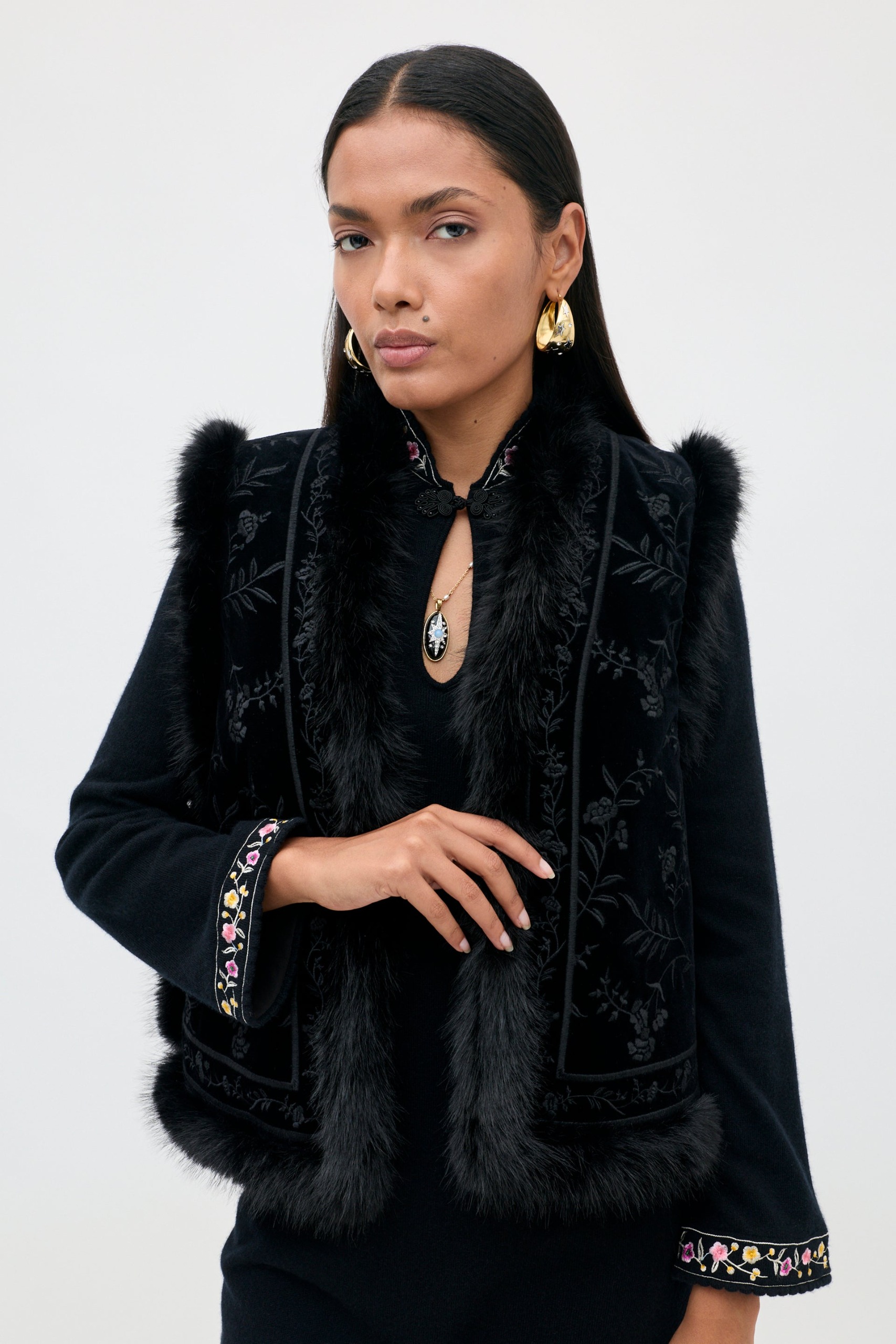 Taletha Cotton Velvet Gilet in Botanical Vine Embroidery Black