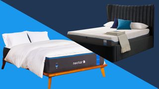 King vs queen mattress size comparison image shows a queen size Nectar Memory Foam on a blue background and a king size Tempur-Pedic Cloud on a dark blue background
