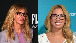 composite image of Julia Roberts and Stacey Solomon wearing rectangular eyeglasses