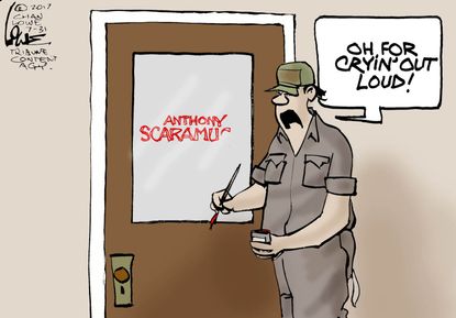 Political cartoon U.S. Trump Scaramucci fired revolving door