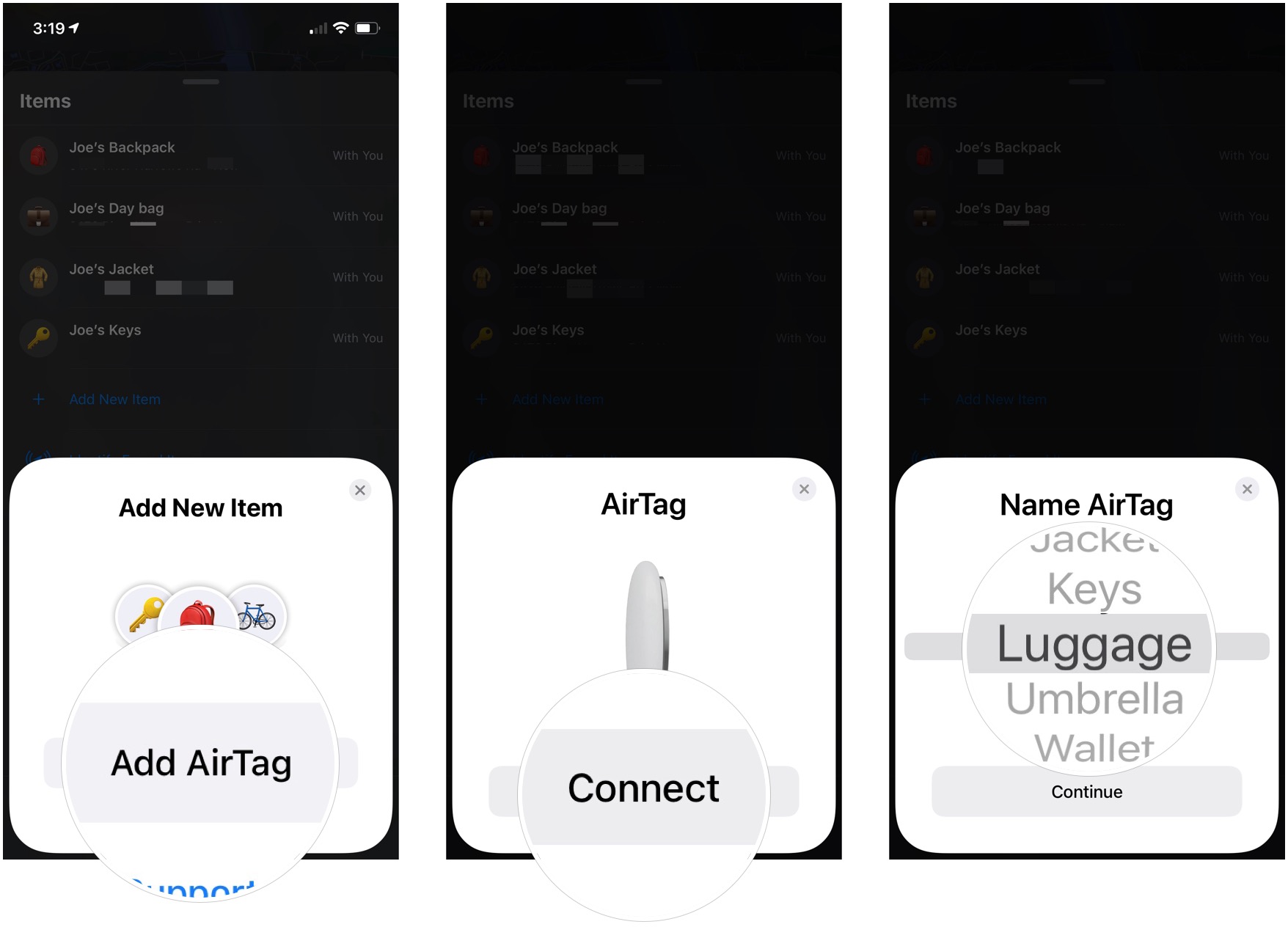 AirTag Find My setup, showing how to tap Add AirTag, tap Connect, then select an item name