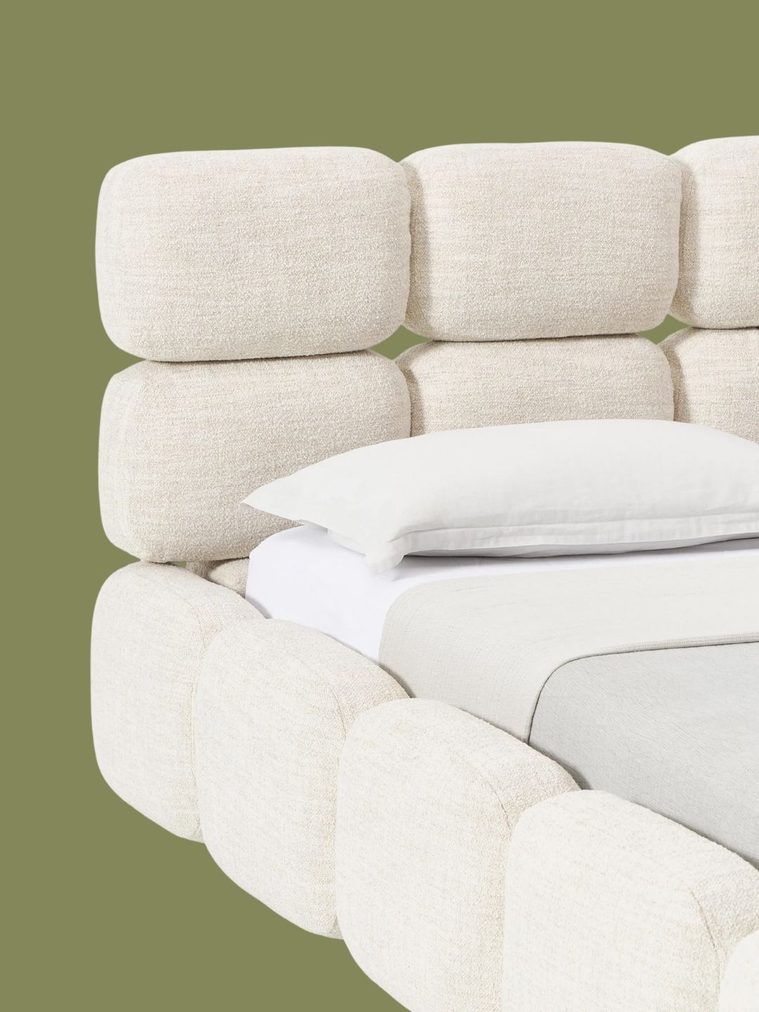 Westwing Collection, Upholstered Boucl&amp;eacute; Bed Tayla With Storage Space in Boucl&amp;eacute; Light Beige