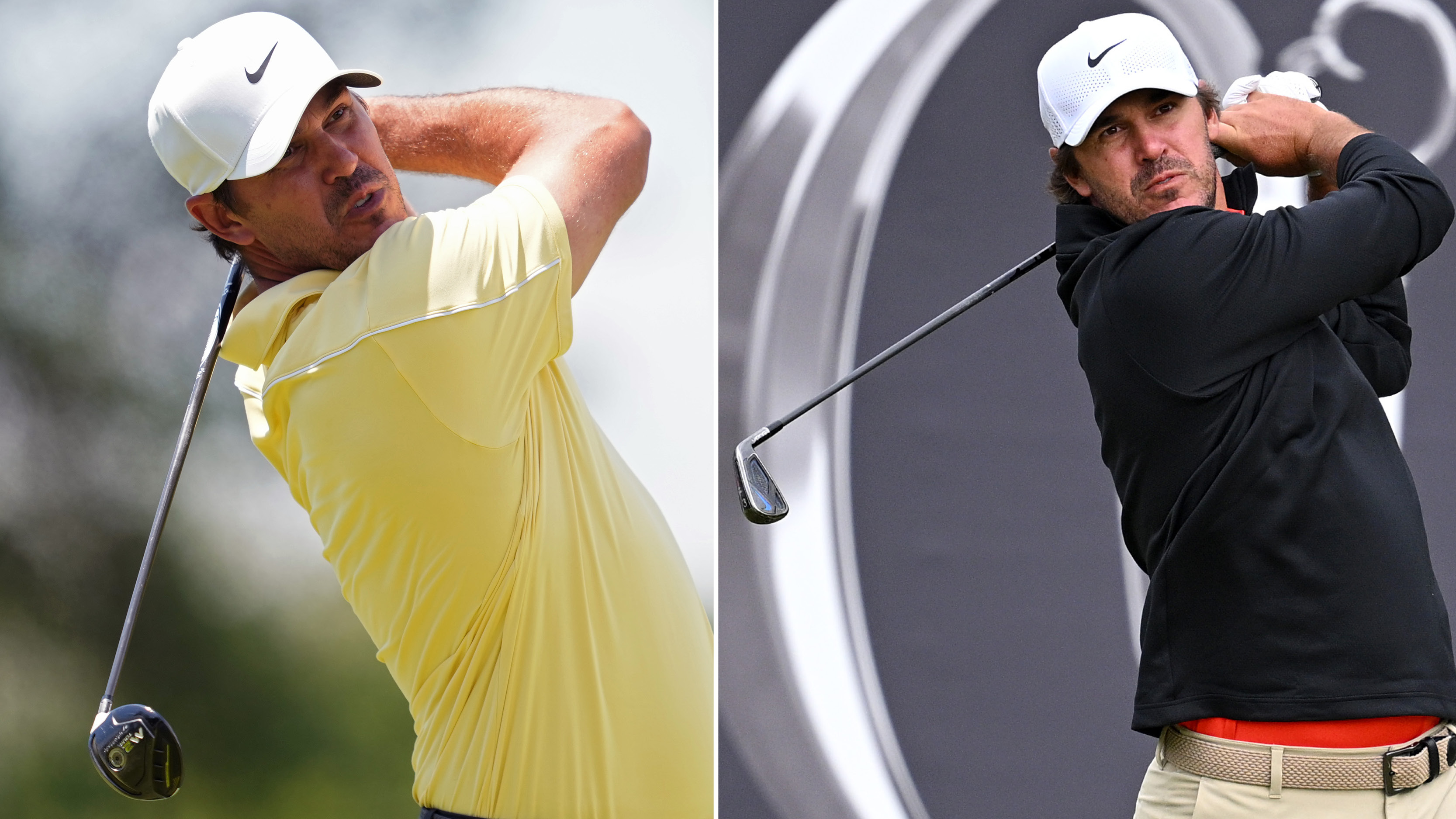 Brooks Koepka hits two shots, one with a 3-wood and one with a driving iron