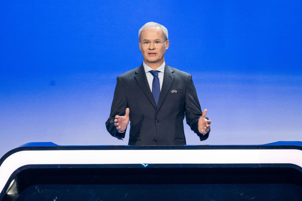 UEFA Deputy General Secretary Giorgio Marchetti talks during the UEFA Euro 2024 qualifying group stage draw at Messe Frankfurt on October 09, 2022 in Frankfurt am Main, Germany.