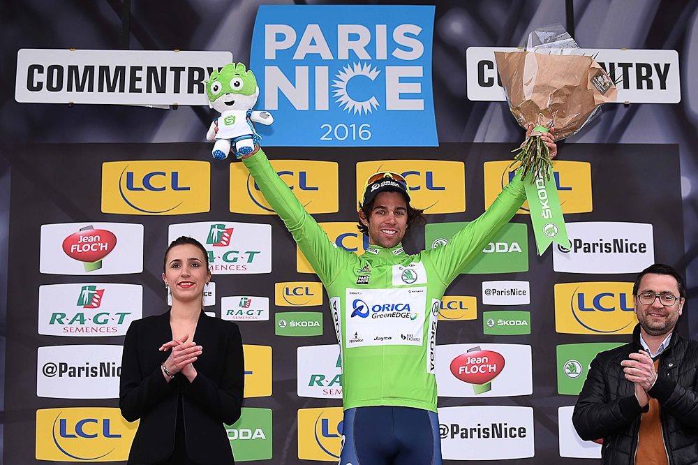 Michael Matthews in green after stage 2 at Paris-Nice.