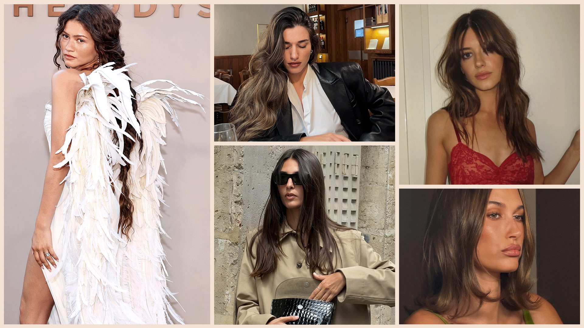 A collage of Zendaya, Jasmine Tookes, Daisy-Edgar Jones, Hailey Bieber, Anok Yai, and influencers with brunette hair.