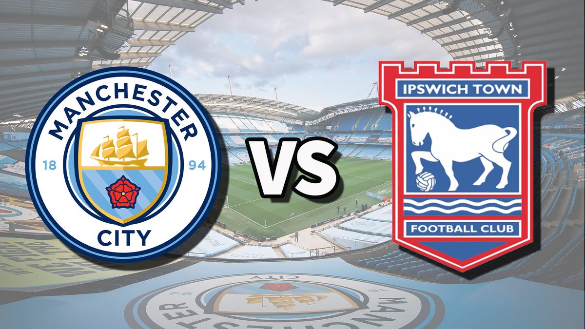 The Manchester City and Ipswich Town club badges on top of a photo of the Etihad Stadium in Manchester, England