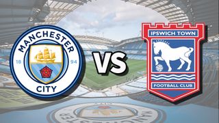 The Manchester City and Ipswich Town club badges on top of a photo of the Etihad Stadium in Manchester, England