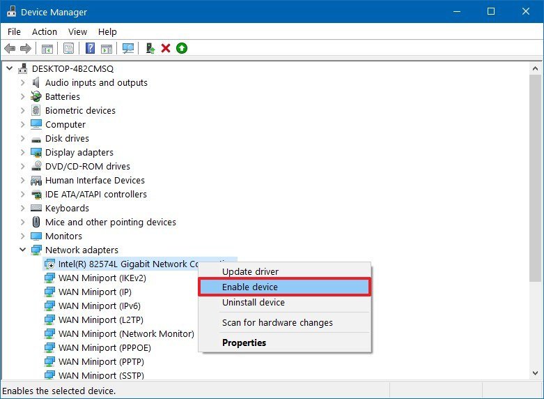 Device Manager enable hardware option