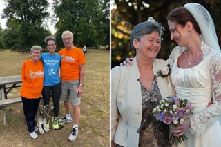 split image of woman with parents and with mum on wedding day