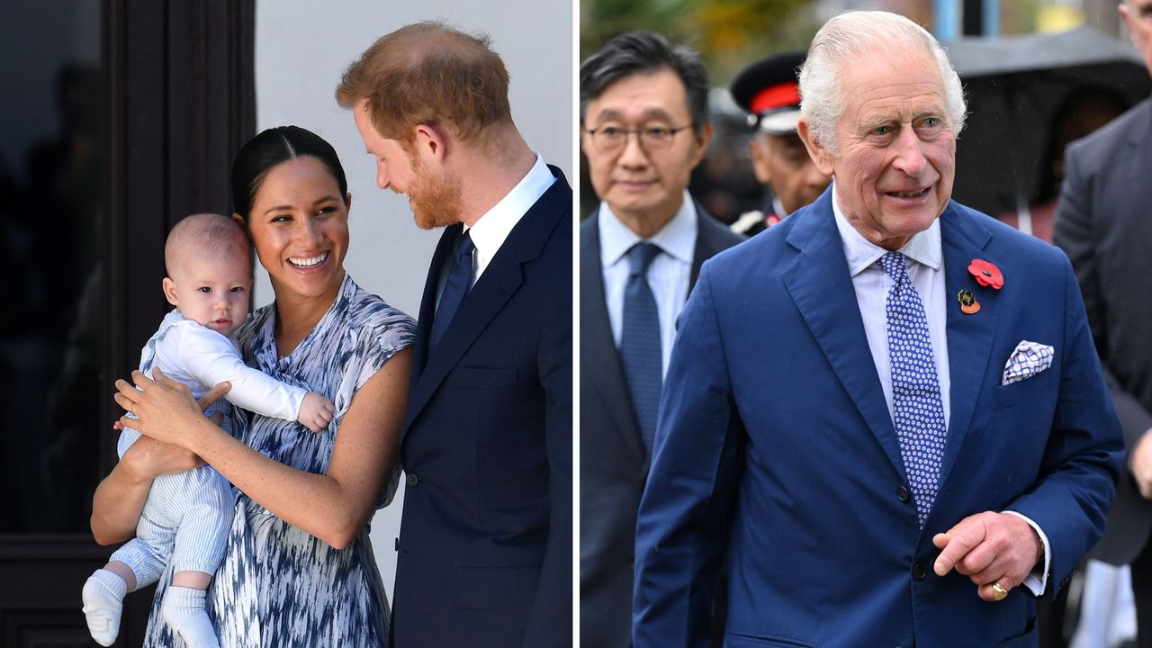 Prince Archie and Lilibet &#039;recorded a video&#039; for their grandfather. Seen here are Prince Harry, Meghan and Archie in South Africa in 2019 alongside King Charles in New Malden in 2023