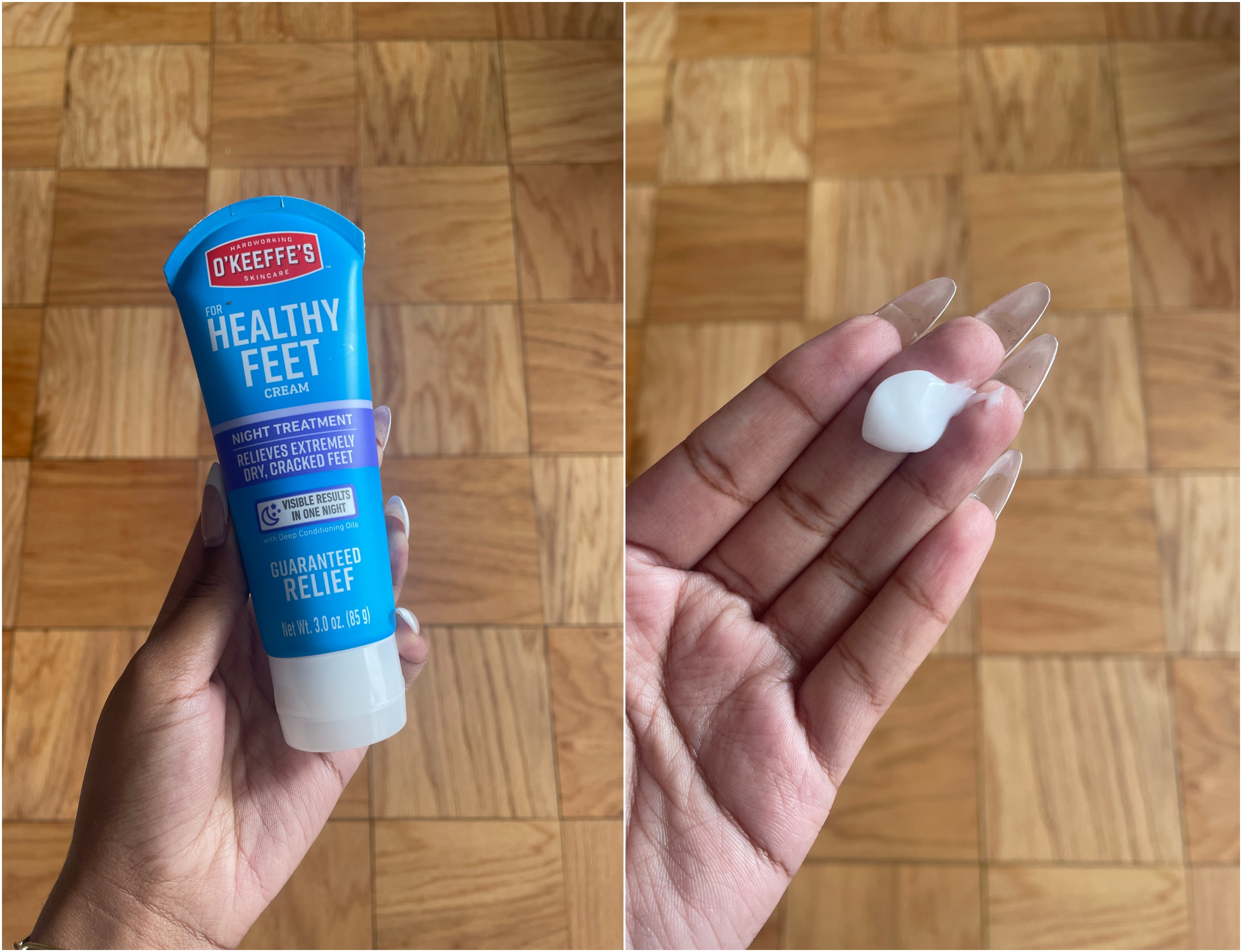 a side by side image of an okeefe's foot cream next to a small blue tube
