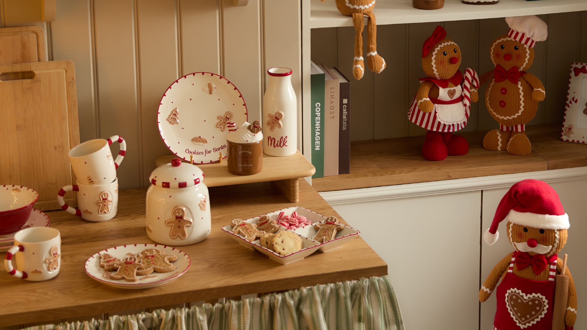 A kitchen decorated for Christmas with a gingerbread men-adorned festive tableware set from Primark
