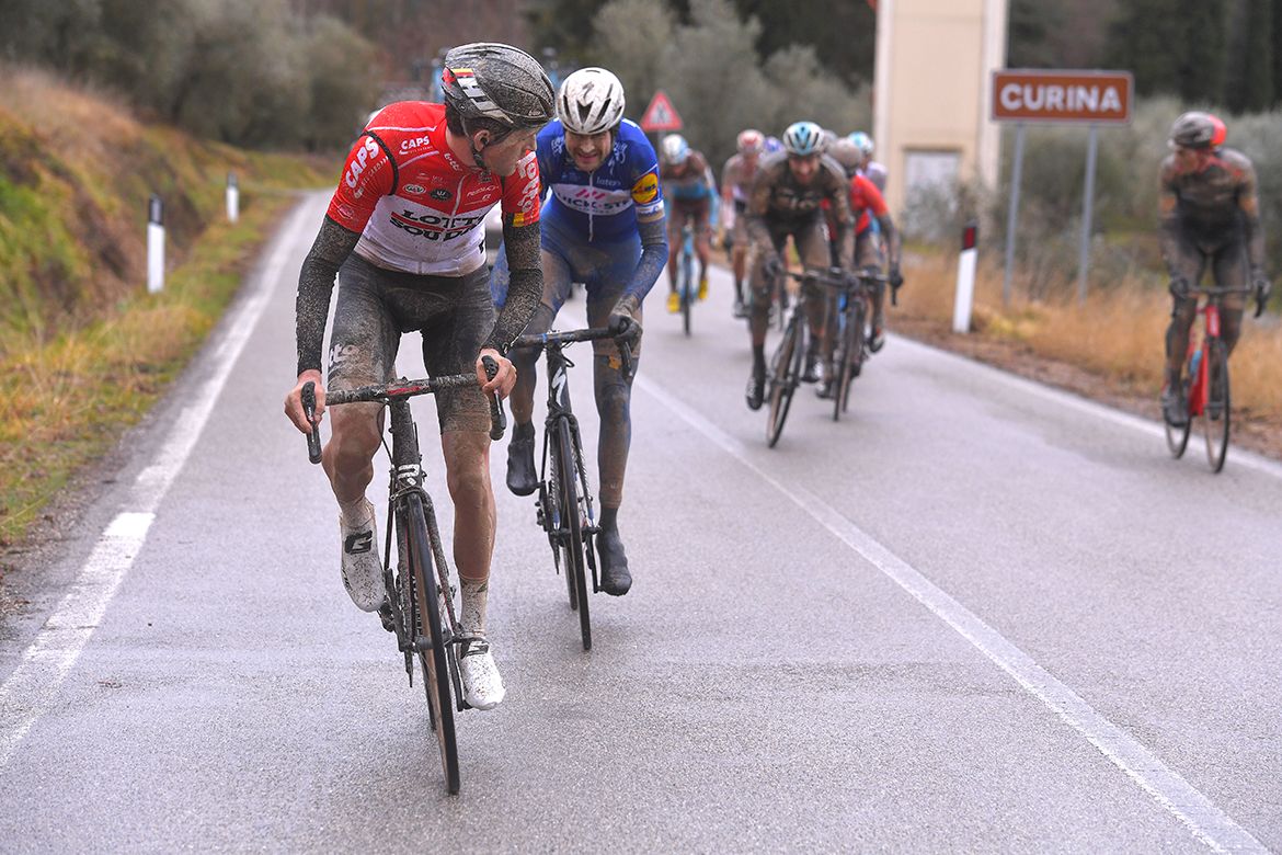 Tiesj Benoot (Lotto Soudal) attacks the group