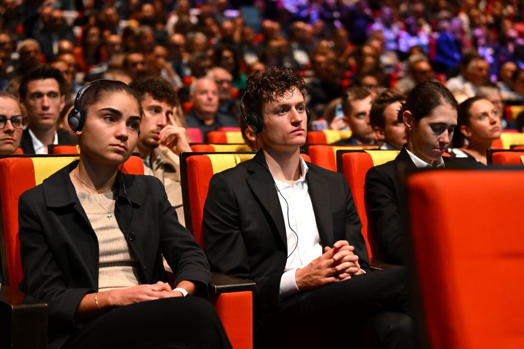 PARIS FRANCE OCTOBER 25 LR Ricarda Bauernfeind of Germany and Team CanyonSram Racing and Felix Gall of Austria and AG2R Citroen Team during the 111th Tour de France 2024 3rd Tour de France Femmes 2024 Route Presentation UCIWT UCIWWT on October 25 2023 in Paris France Photo by Dario BelingheriGetty Images