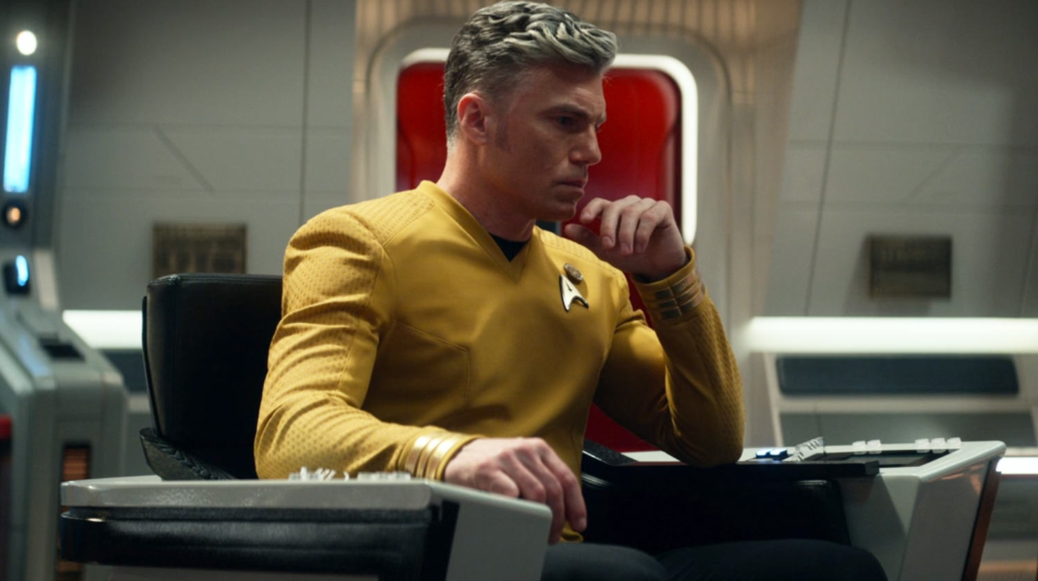 Captain Pike in the Thinker pose on Star Trek: Strange New Worlds.