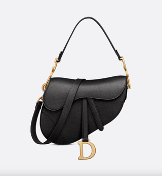 a black dior saddle bag in front of a plain backdrop