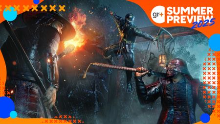 Guards stand unaware at night in Nioh 3 as a ninja jumps at them with a kusari-gami, with the GR+ Summer Preview 2025 frame
