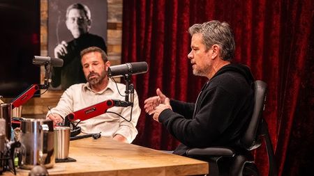 Ben Affleck and Matt Damon in the studio recording an episode of the Joe Rogan podcast