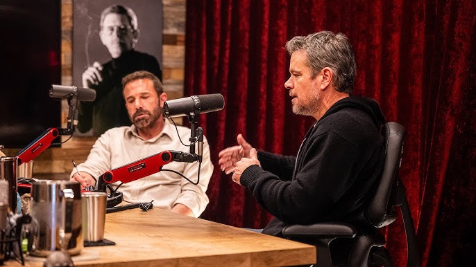 Ben Affleck and Matt Damon in the studio recording an episode of the Joe Rogan podcast