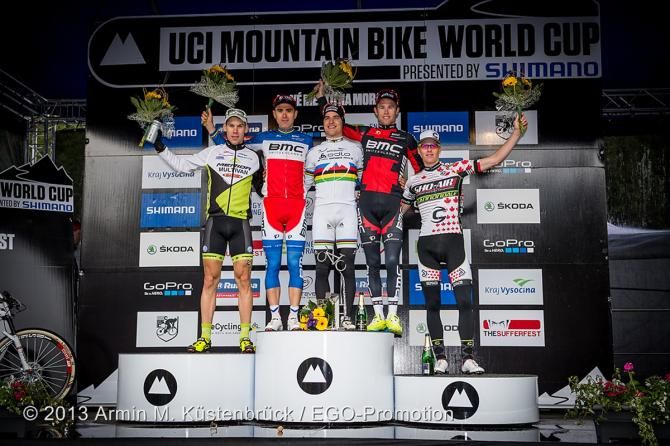 Thomas Litscher on the podium at the Nove Mesto World Cup