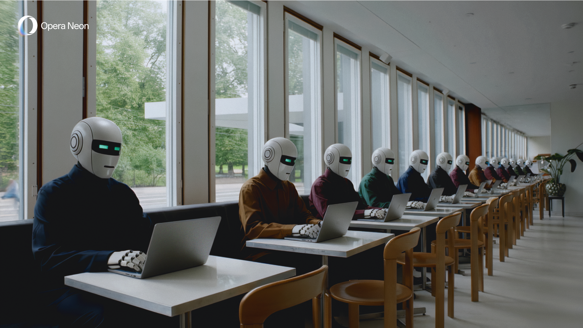 Opera Neon robots working on laptops