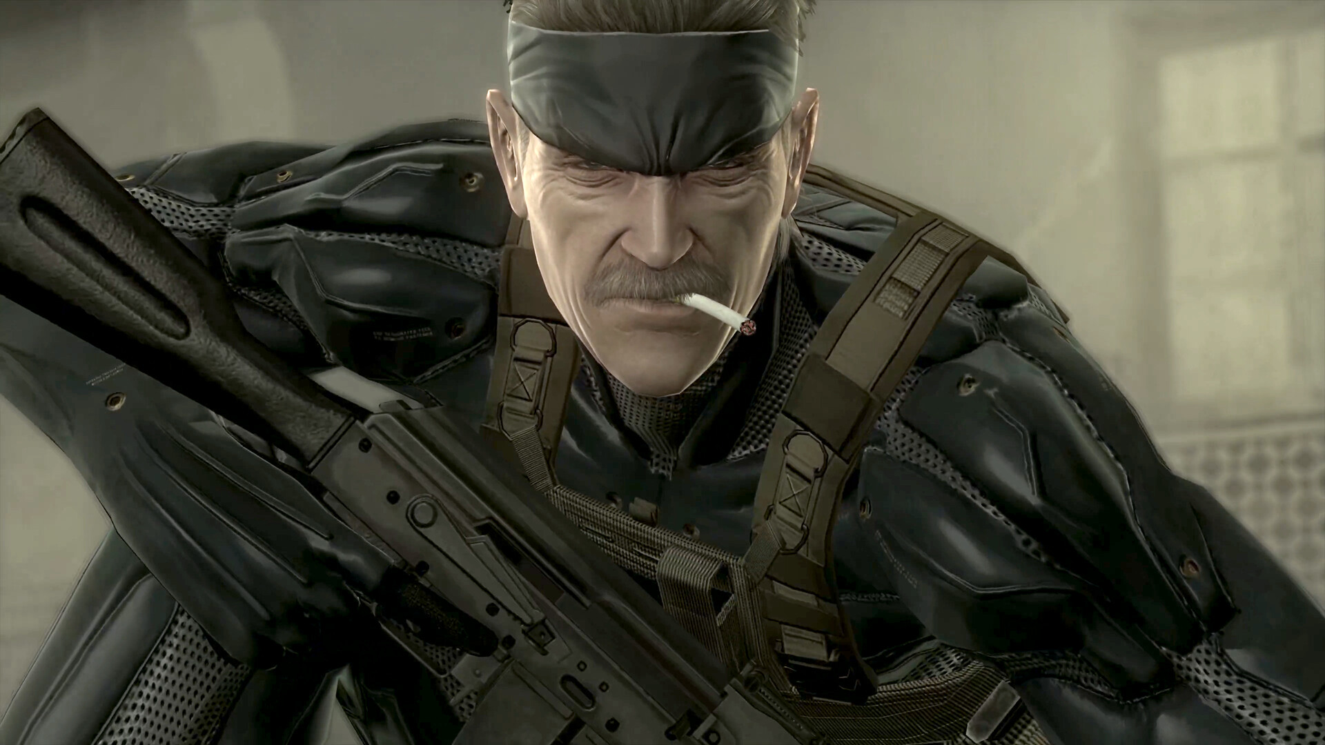 Metal Gear Solid Master Collection Vol 2 screenshot showing Solid Snake with a cigarette in his mouth as he crouches down with a gun
