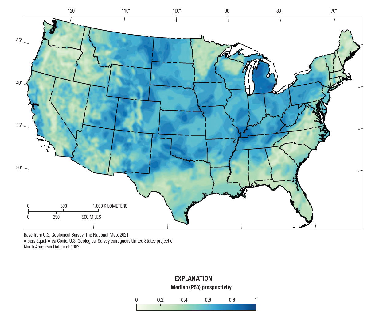 Map of the United States showing prospective locations for geologic hydrogen. Highly prospective are shown in dark blue and areas that are not prospective are shown in white.