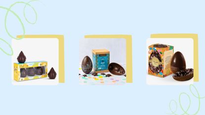 A composite image of three of the best dark chocolate Easter eggs available to buy in 2022 on a pale blue background