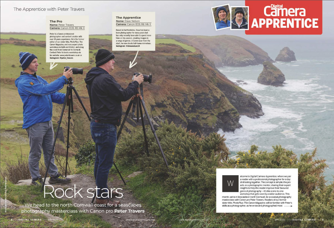 Image showing the first two pages of the Apprentice article in issue 307 (May 2026) of Digital Camera magazine, where a reader photographs coastal scenes in Cornwall with photographer Peter Travers