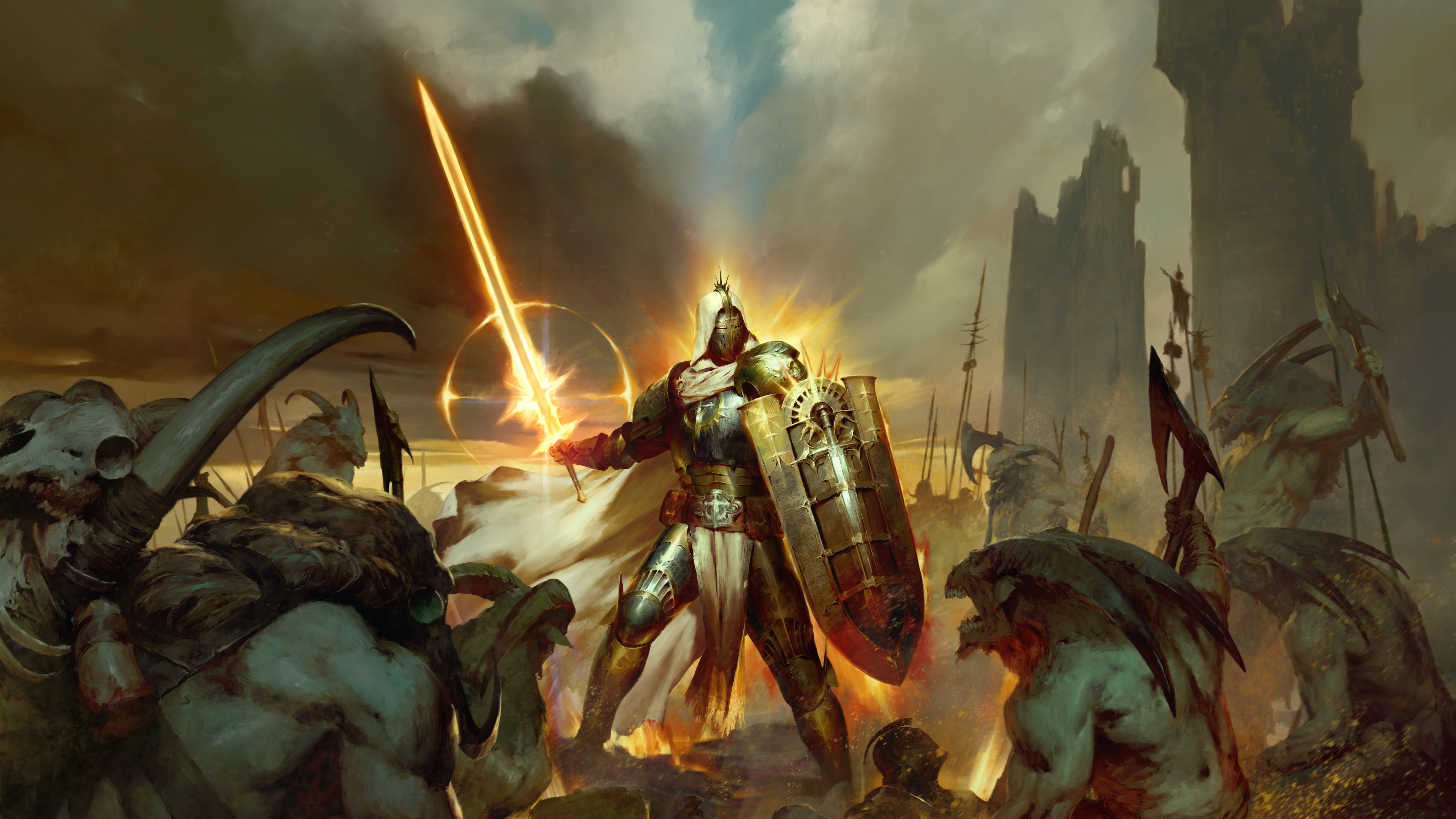 Heavily armored soldier with a sword bathed in white holy light faces off against a crowd of demons