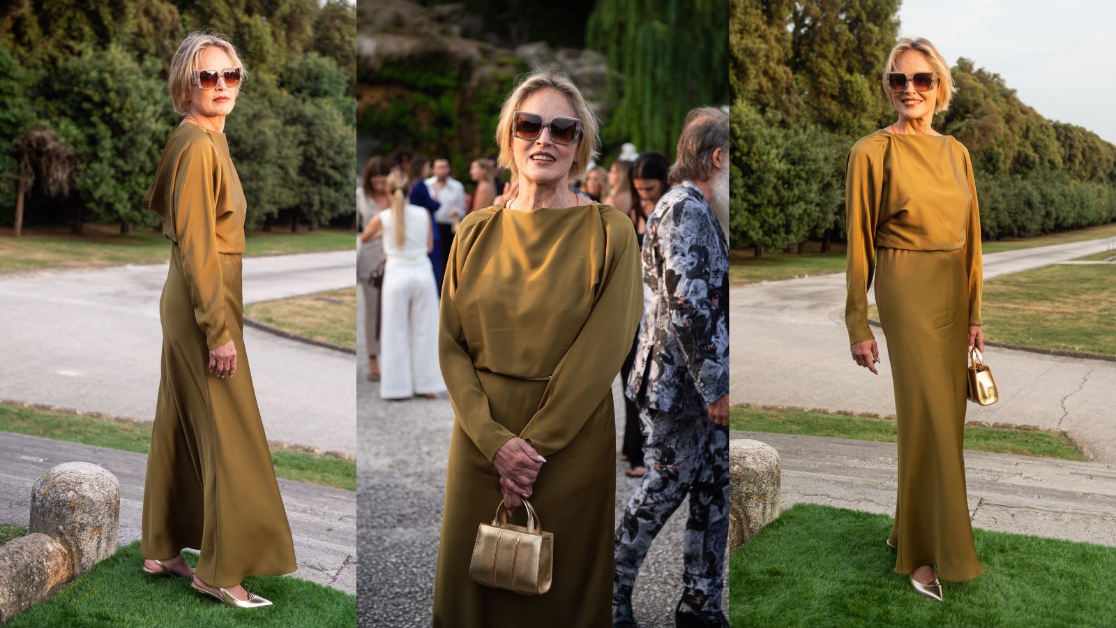 Sharon Stone in silky olive green outfit