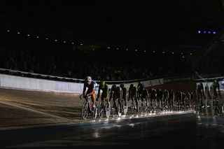 The riders compete in the 20km Scratch race round of the 1878 Cup during day one of the London Six Day Race at the Lee Valley Velopark