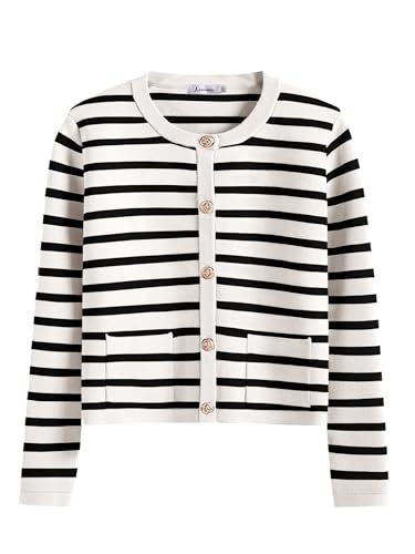 Anrabess Women Striped Cardigan Sweaters Button Down Cropped Knit Lady Jackets Coat 2025 Fall Outfits Spring Trendy Clothes White and Black Small
