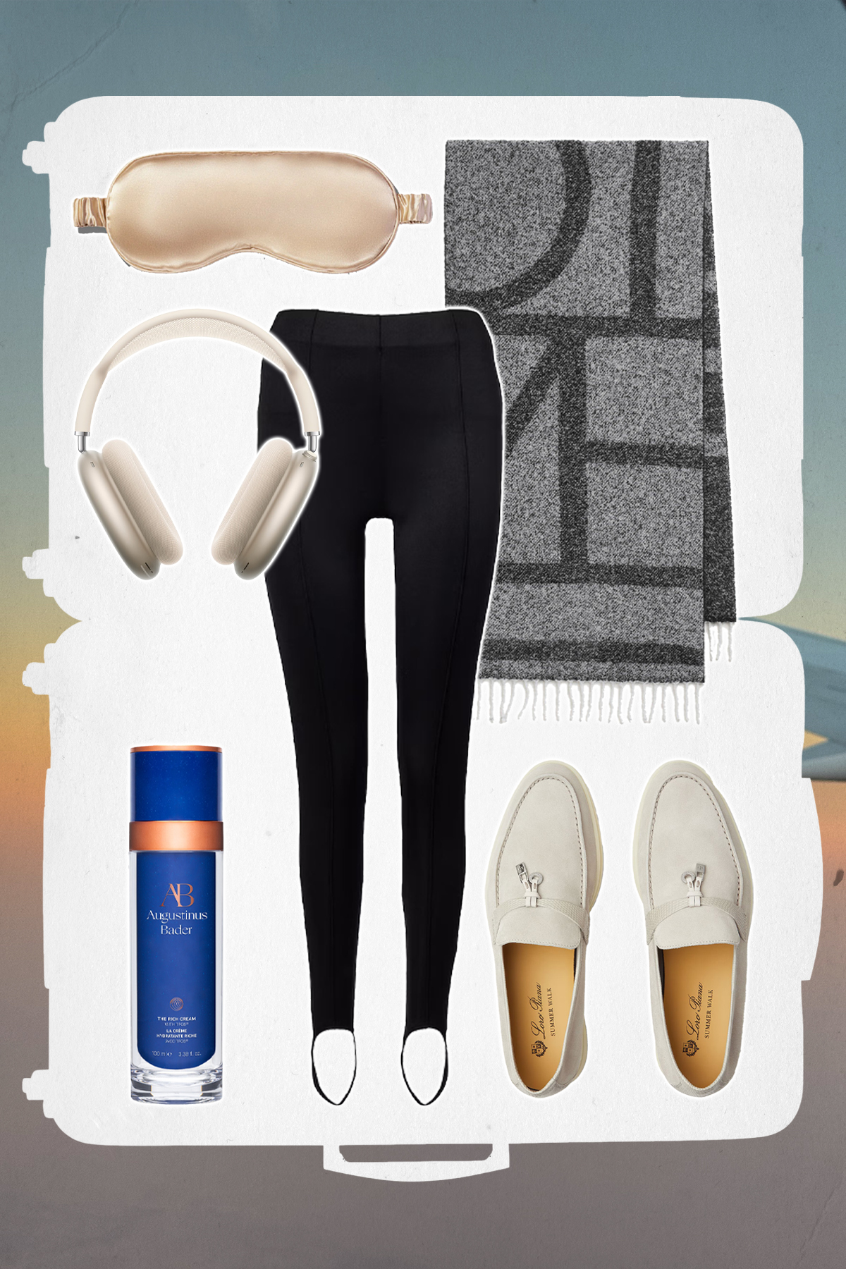 A collage of travel items.