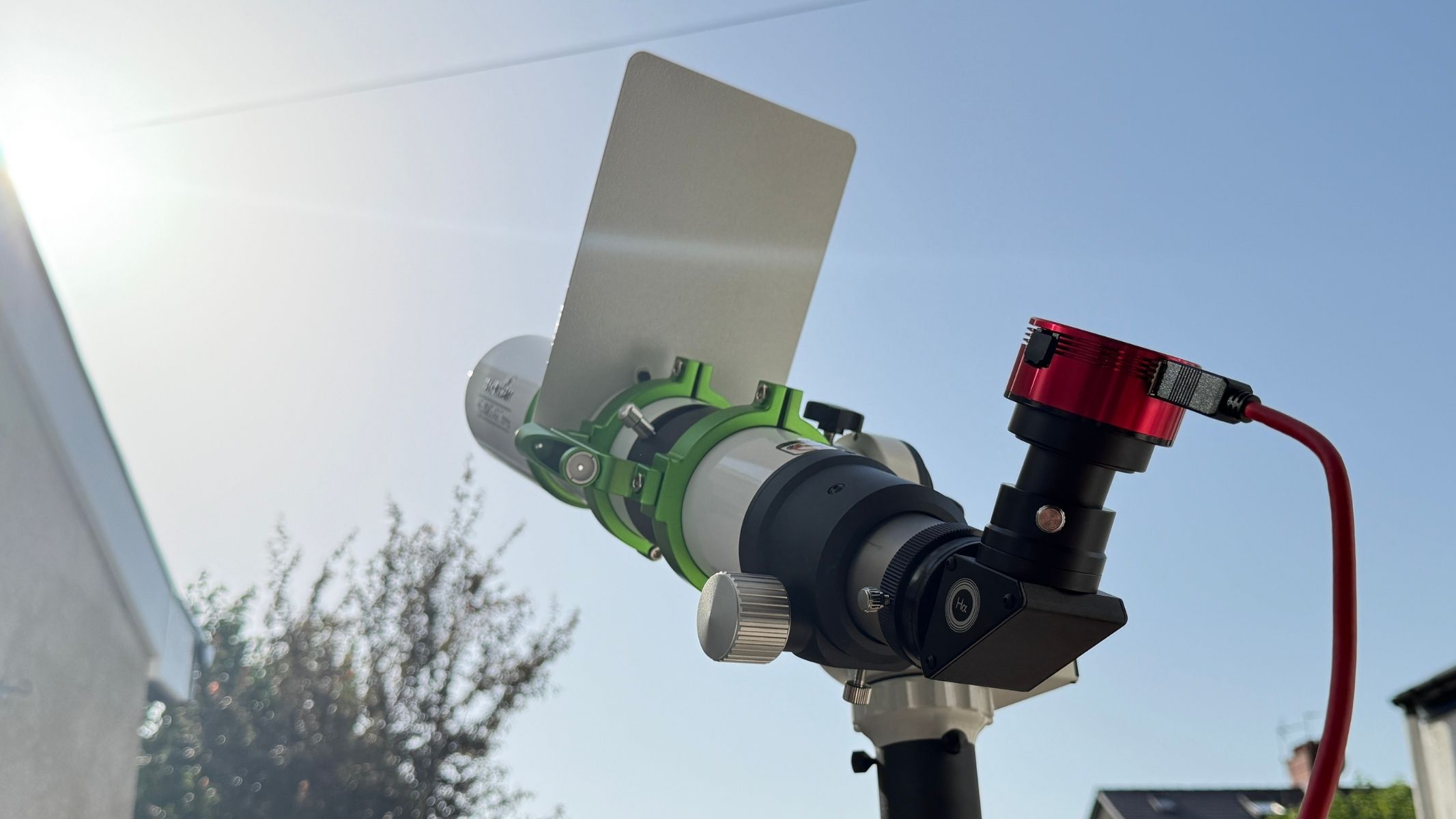 The Sky-Watcher Heliostar 76Ha solar telescope pointing at the sun, connected to the Sky-Watcher SolarQuest mount and ZWO ASI174mm mono camera.