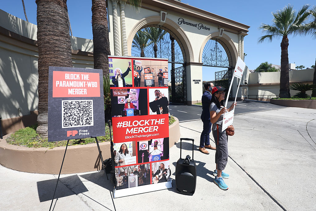 Protestors at Block the Merger #NoConcessions Action Rally held at Paramount Pictures Studio on September 03, 2026 in Los Angeles, California. (Photo by Tommaso Boddi/Variety via Getty Images)