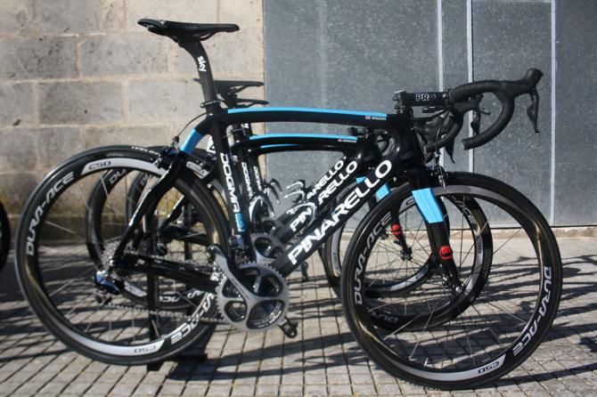 Sky's Pinarello Dogma bikes lined out before the start of the race