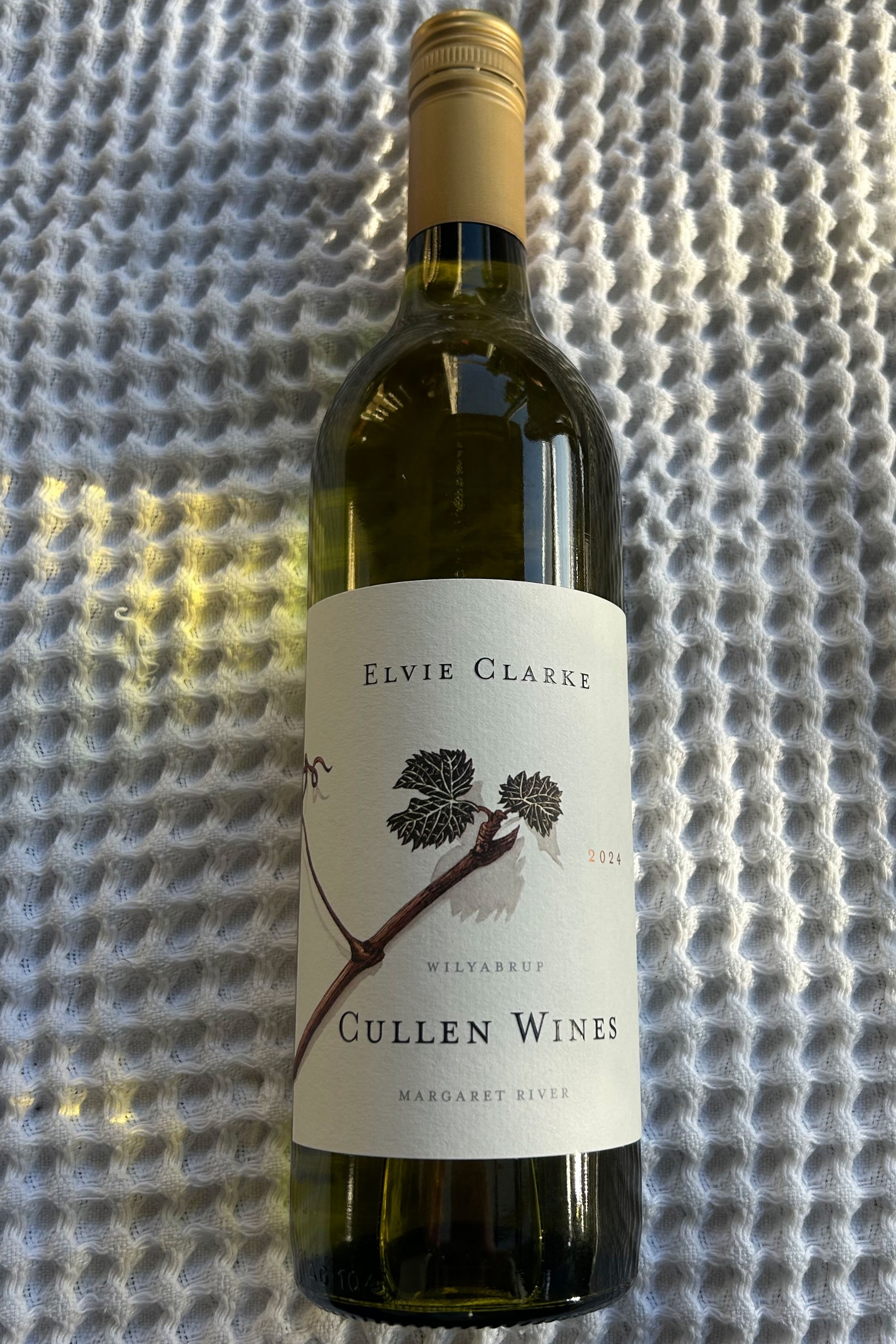 Bottle of Cullen Wines, Elvie Clarke, Margaret River 2024 on rug