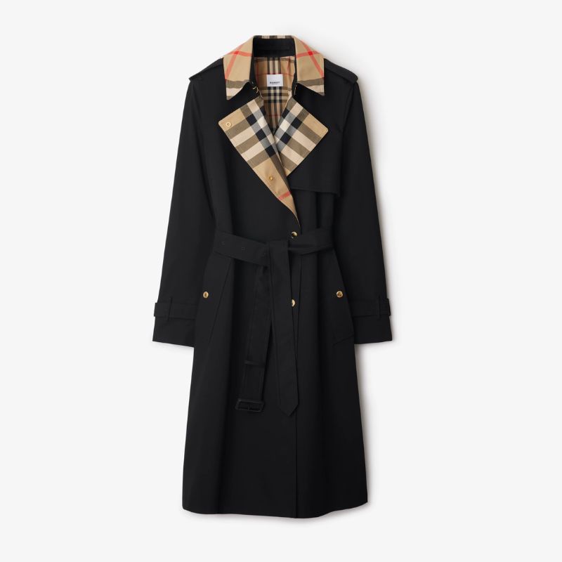 Long Check Collar Gabardine Trench Coat cut out 