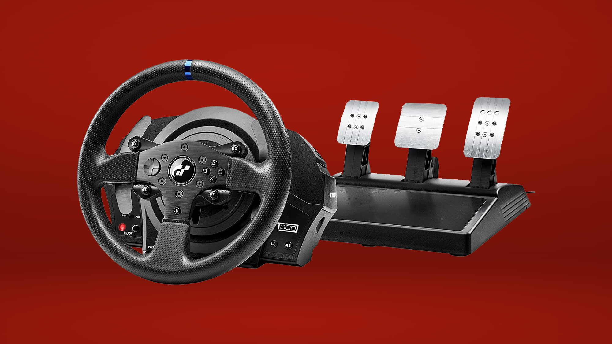thrustmaster T300 RS GT steering wheel on red background