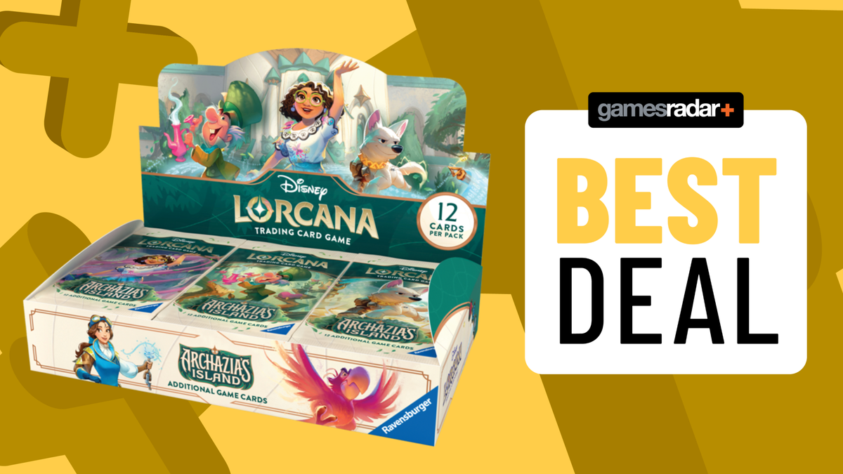 Gamesradar &#039;best deal&#039; badge beside a Disney Lorcana Archazia&#039;s Island booster display 