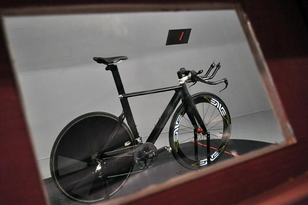 The Boardman prototype time trial bike set up in the wind tunnel.