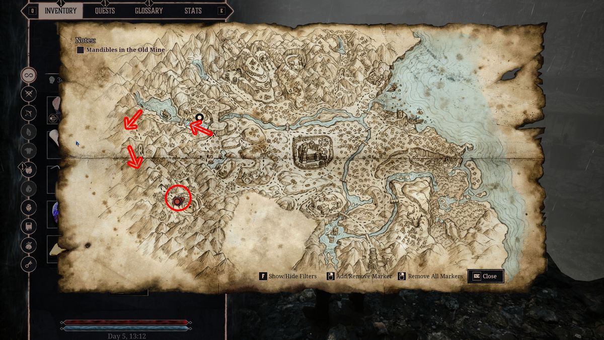 Gothic Remake armour: A map with a red circle and arrows leading to the location of the Free Mine.