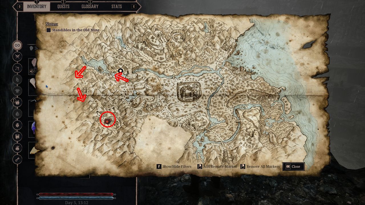 Gothic Remake armour: A map with a red circle and arrows leading to the location of the Free Mine.