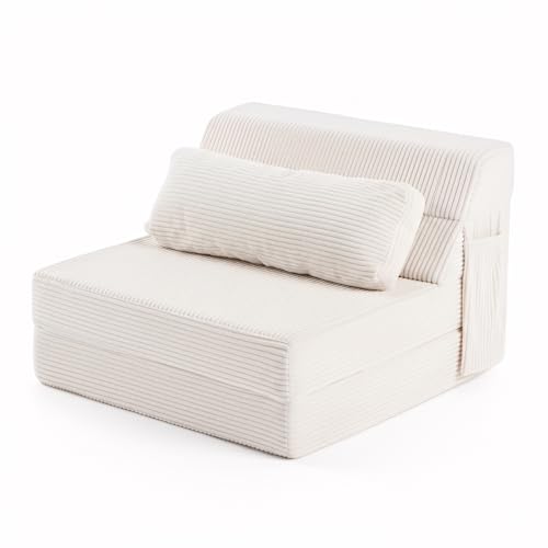 Yotating Folding Sofa Bed With Pillow, Corduroy Convertible Sleeper Chair, Comfy Floor Futon Mattress Lounge Sofa for Adults, Fold Out Chair Bed for Living Room, Bedroom, Beige