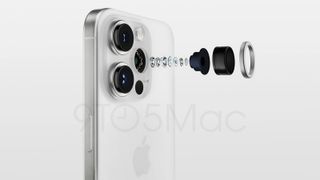 iPhone 15 Pro-leak vertoont het toestel in het wit met een 'exploded view' van een van de camera's achterop