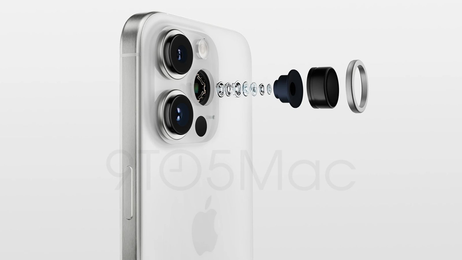 iPhone 15 Pro leak showing the phone in white with an extended rear camera section
