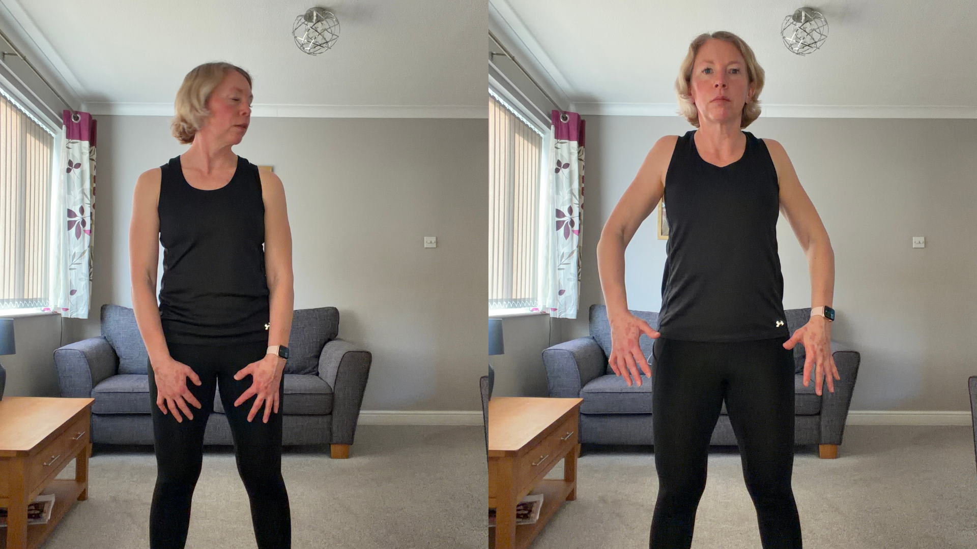 Personal trainer Becky Fuller performing stretching demonstrations in a living room