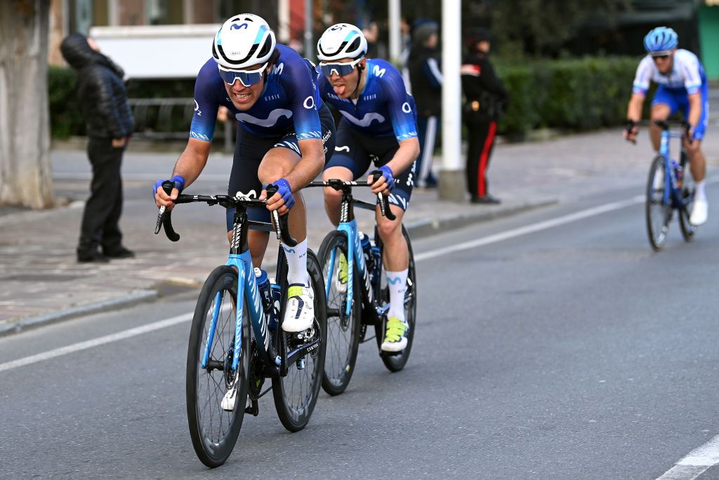 SANREMO ITALY MARCH 18 LR Gonzalo Serrano of Spain and Alex Aranburu Deba of Spain and Movistar Team compete during the 114th MilanoSanremo 2023 a 294km one day race from Abbiategrasso to Sanremo MilanoSanremo UCIWT on March 18 2023 in Sanremo Italy Photo by Tim de WaeleGetty Images